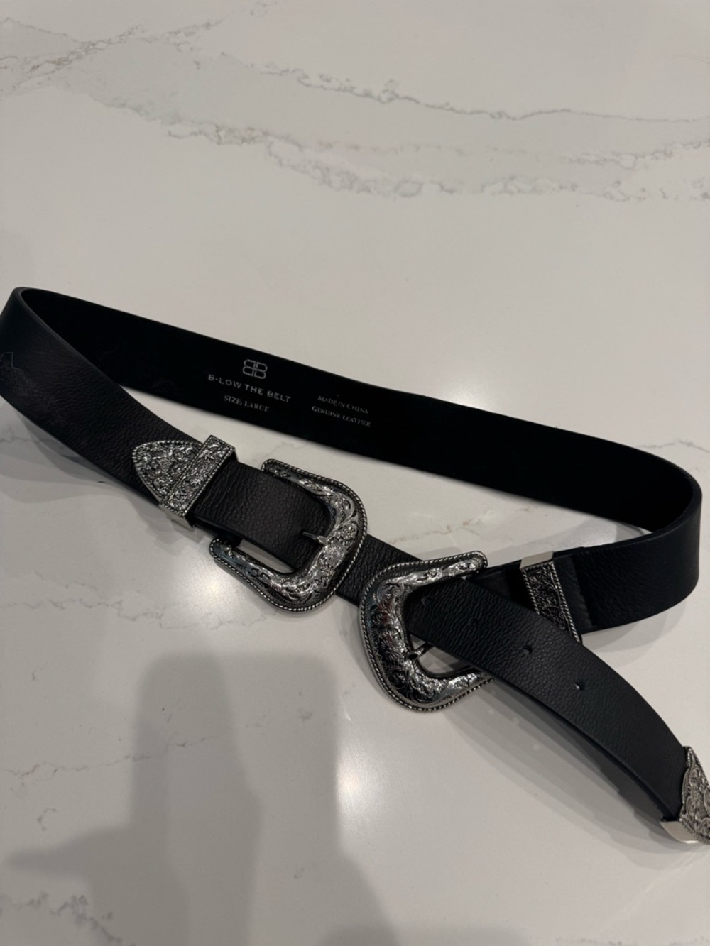B-Low the Belt Black Leather Double Western Buckle Belt with Silver Hardware